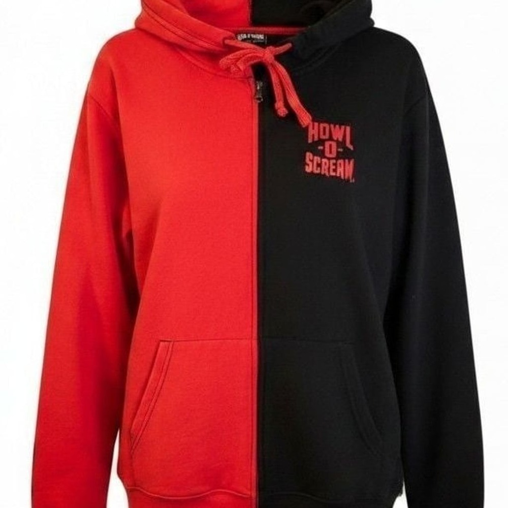 Hot Topic Howl-O-Scream Split Red and Black Full Zip Hoodie